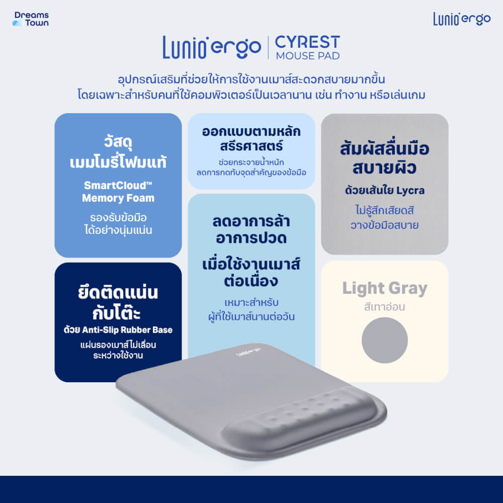 แผ่นรองเมาส์ LUNIO ERGO CYREST MOUSE PAD LIGHT GRAY สีเทาอ่อน_7
